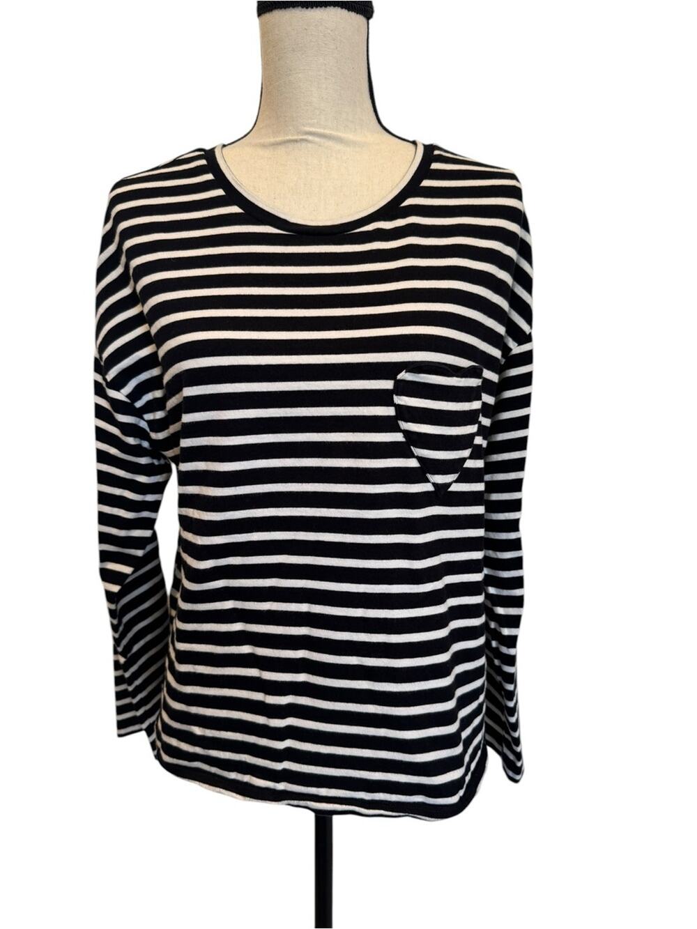 LOFT Black & White Striped Long-Sleeve Heart Pocket Tee Size Medium